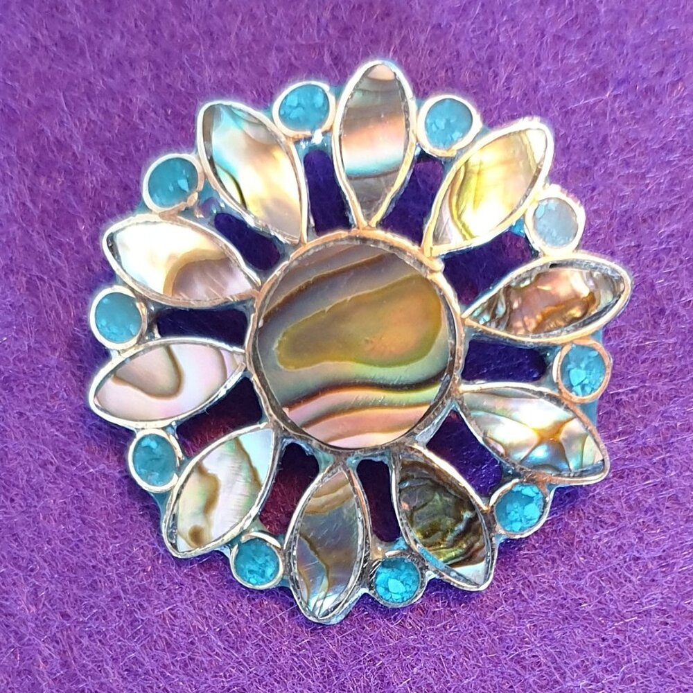 Vintage Mexican Abalone & Turquoise Inlaid Alpaca Silver Flower Brooch